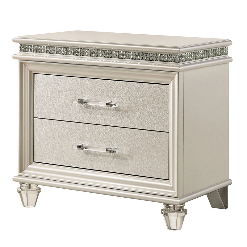 3pc King Bedroom Set- Pearl White- White- Clear- Silver Wood- 2 Nightstands