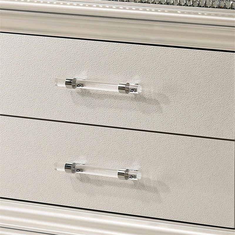 3pc King Bedroom Set- Pearl White- White- Clear- Silver Wood- 2 Nightstands