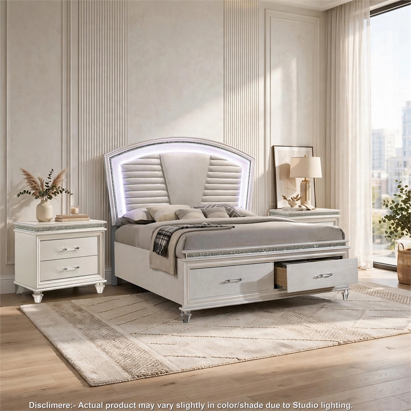 3pc King Bedroom Set- Pearl White- White- Clear- Silver Wood- 2 Nightstands
