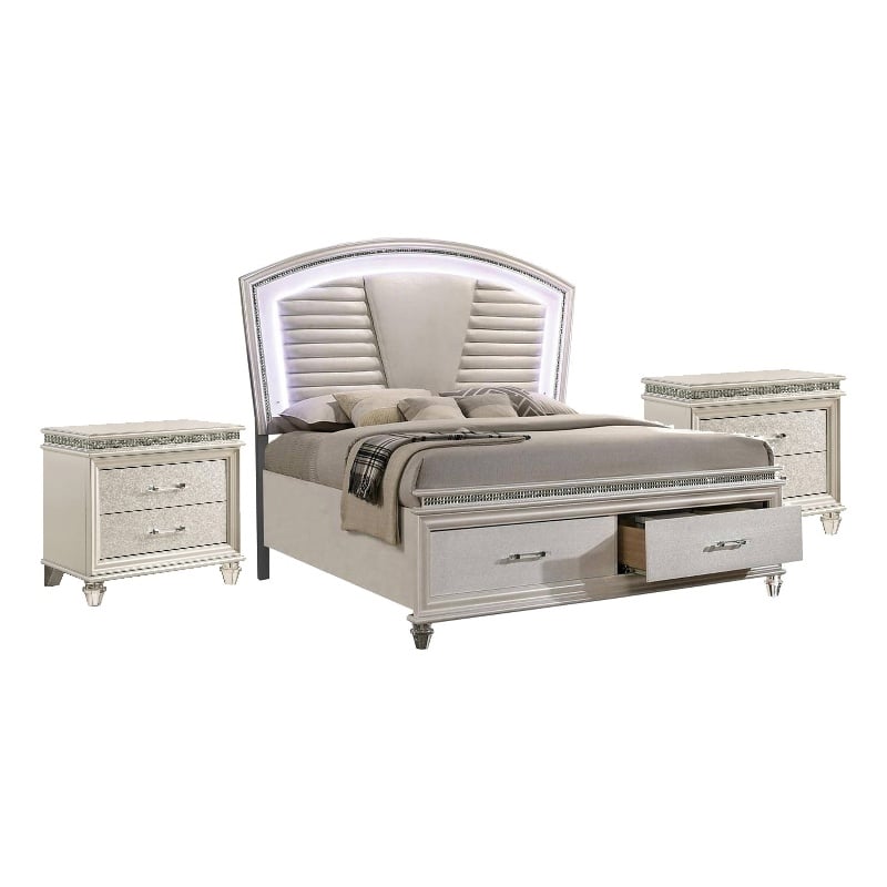 3pc King Bedroom Set- Pearl White- White- Clear- Silver Wood- 2 Nightstands