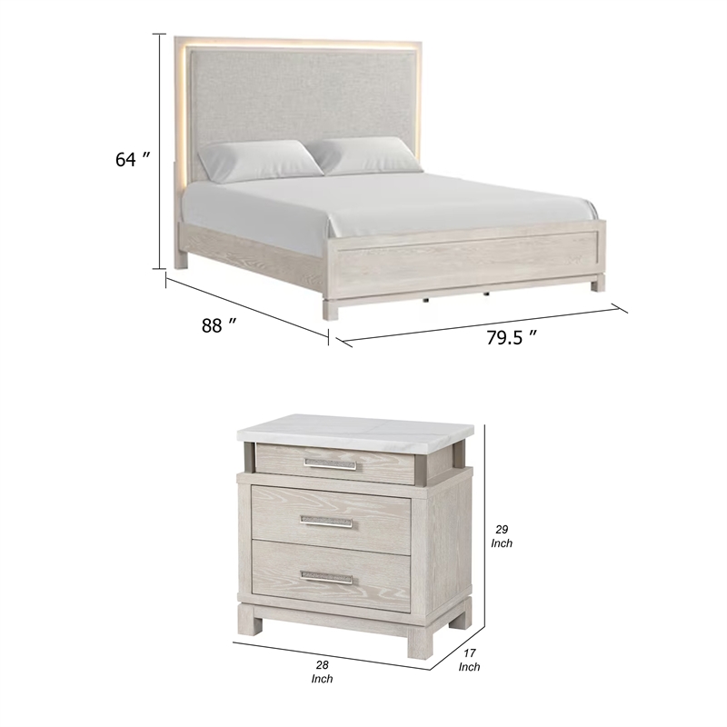 3pc King Bedroom Set- Gray- White- Silver Wood- 2 Nightstands