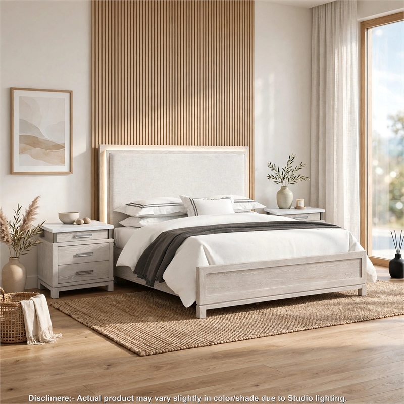 3pc King Bedroom Set- Gray- White- Silver Wood- 2 Nightstands