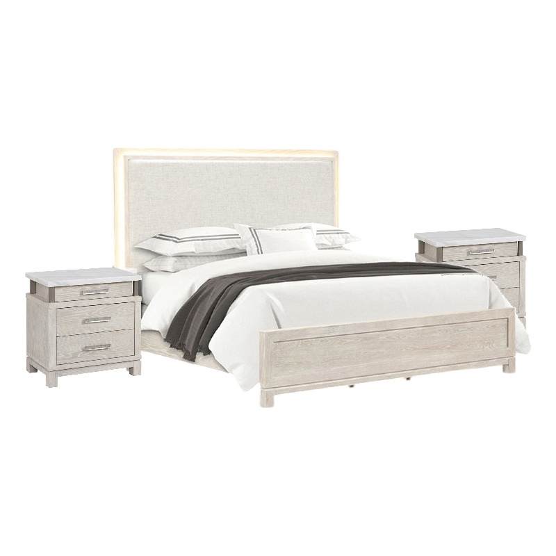 3pc King Bedroom Set- Gray- White- Silver Wood- 2 Nightstands