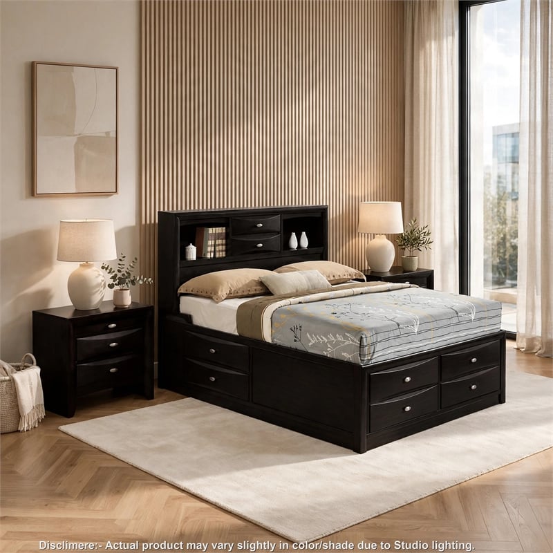 3pc King Bedroom Set- Black- Nickel Wood- 2 Nightstands