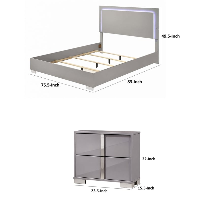 3pc King Bedroom Set- Chrome Silver- Light Taupe- Chrome Wood-2 Nightstands