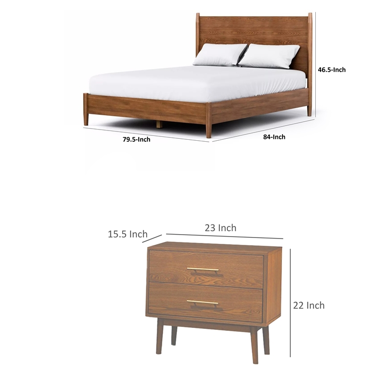 3pc King Bedroom Set- Walnut Brown- Nickel Wood- 2 Nightstands