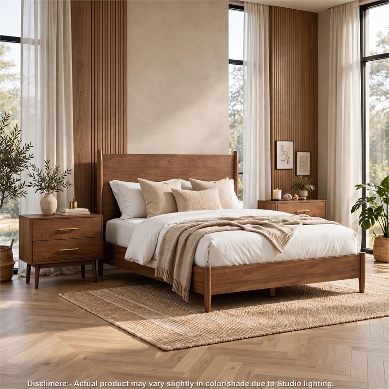 3pc King Bedroom Set- Walnut Brown- Nickel Wood- 2 Nightstands