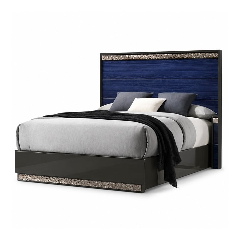 2pc King Bedroom Set- Ash Gray- Indigo Blue- Chrome Wood- Nightstand