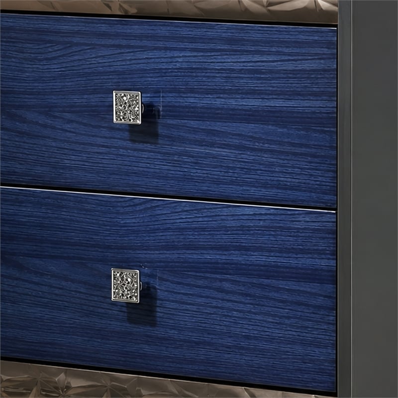 2pc King Bedroom Set- Ash Gray- Indigo Blue- Chrome Wood- Nightstand
