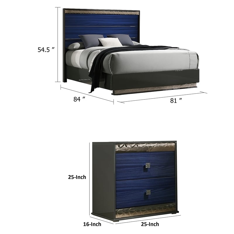 2pc King Bedroom Set- Ash Gray- Indigo Blue- Chrome Wood- Nightstand