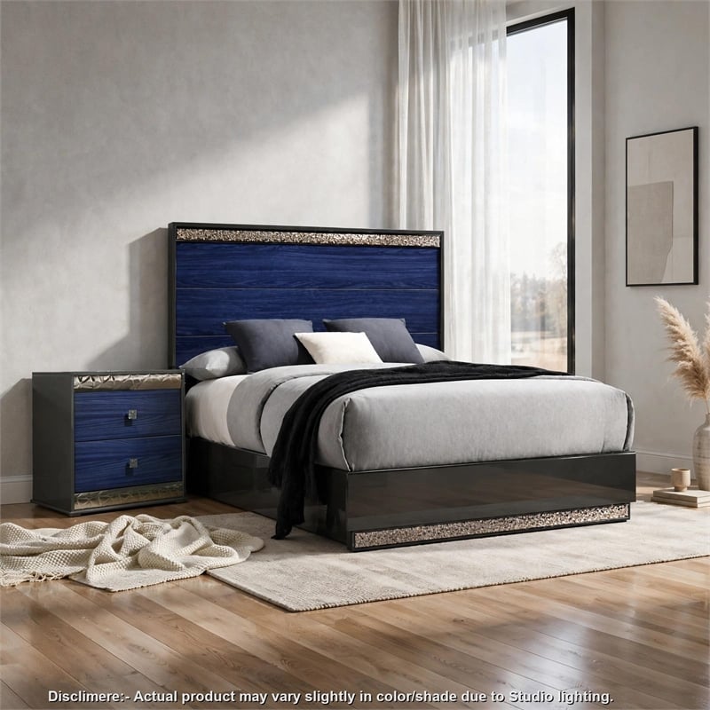 2pc King Bedroom Set- Ash Gray- Indigo Blue- Chrome Wood- Nightstand