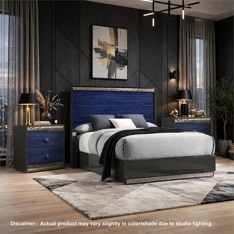 3pc King Bedroom Set- Ash Gray- Indigo Blue- Chrome Wood- 2 Nightstands