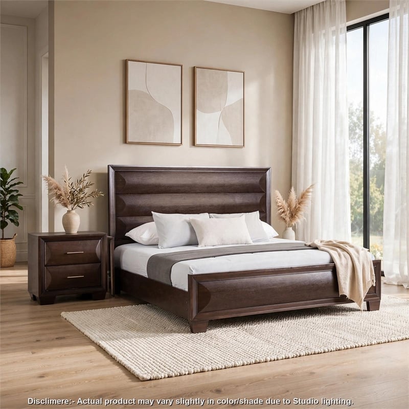2pc King Bedroom Set- Espresso Brown- Gold Wood- Nightstand