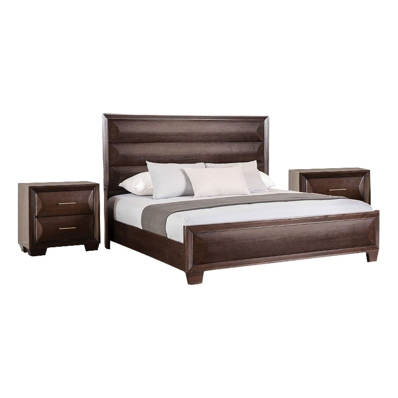 3pc King Bedroom Set- Espresso Brown- Gold Wood- 2 Nightstands