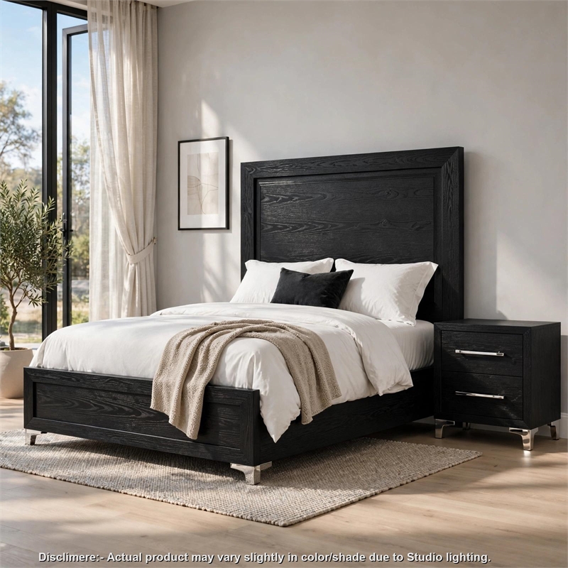 2pc King Bedroom Set- Black- Chrome- Nickel Wood- Nightstand