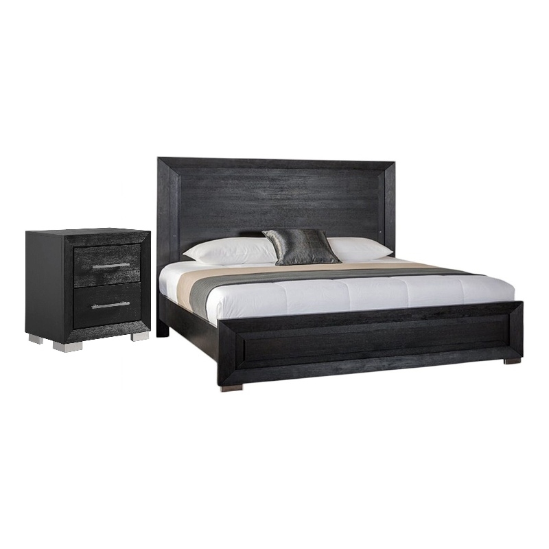 2pc King Bedroom Set- Black- Chrome- Nickel Wood- Nightstand