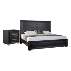 2pc King Bedroom Set- Black- Chrome- Nickel Wood- Nightstand