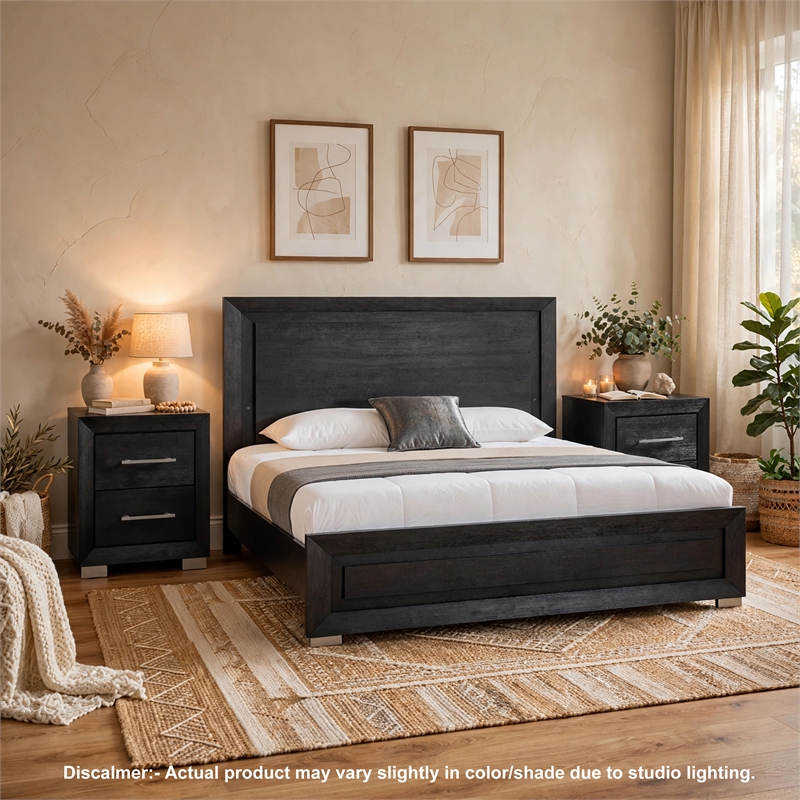3pc King Bedroom Set- Black- Chrome- Nickel Wood- 2 Nightstands