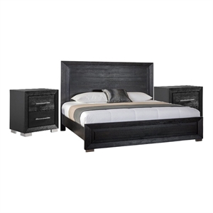 3pc King Bedroom Set- Black- Chrome- Nickel Wood- 2 Nightstands