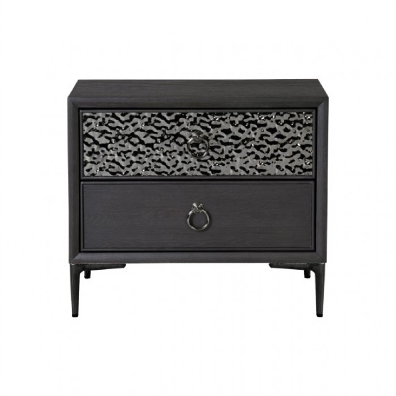 2pc King Bedroom Set- Espresso Brown- Silver- Black Wood- Nightstand