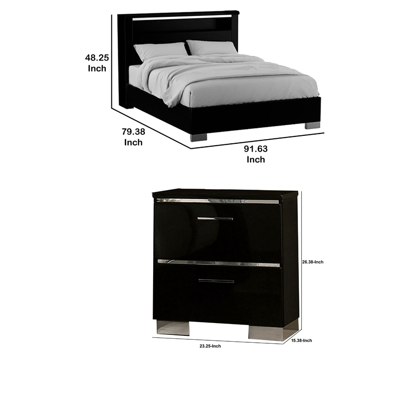 2pc King Bedroom Set- Black- Chrome Wood- Nightstand