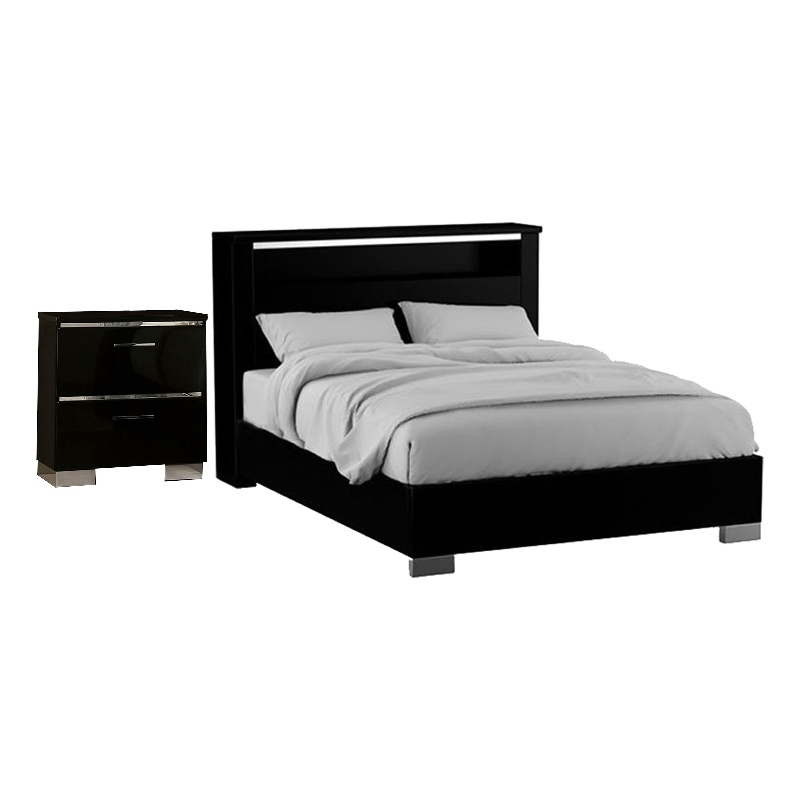 2pc King Bedroom Set- Black- Chrome Wood- Nightstand