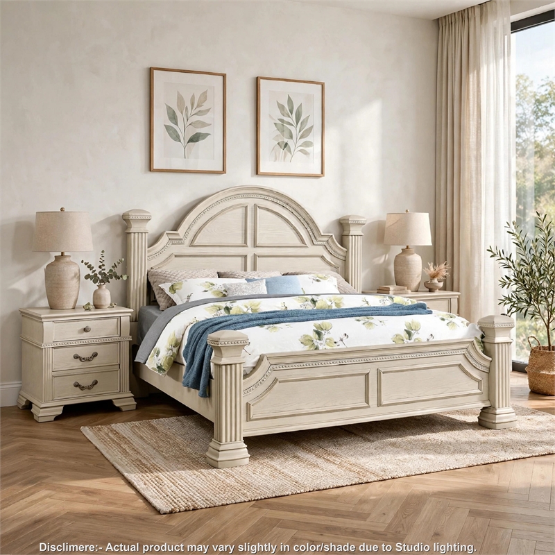3pc king bedroom set- antique white wood- 2 nightstands