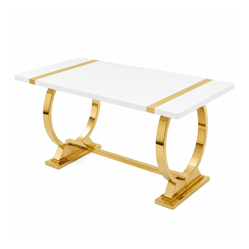 Hols Dining Table- Gold Banding on White Top- O-Shaped Steel Legs 60 Inch