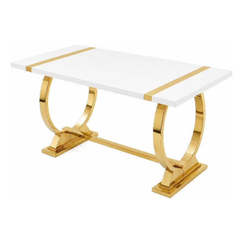 Hols Dining Table- Gold Banding on White Top- O-Shaped Steel Legs 60 Inch