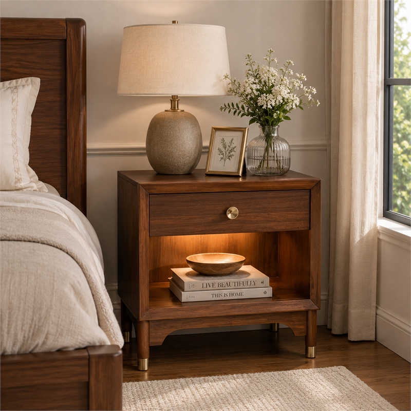 Urne Nightstand- 1 Drawer with Shelf- USB Port and LED- Walnut Brown