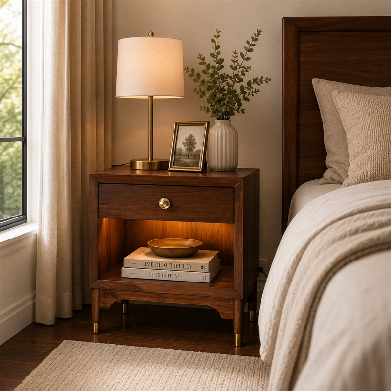 Urne Nightstand- 1 Drawer with Shelf- USB Port and LED- Walnut Brown