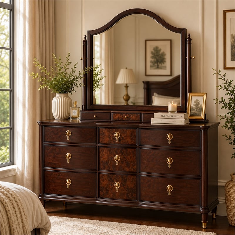 Raam Arched Dresser Mirror- 3 Drawers- Tiltable- 40x54 Dark Cherry Brown