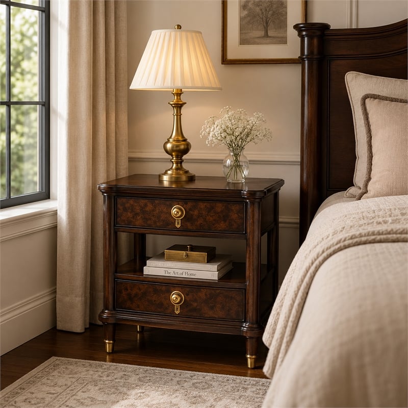 Raam Nightstand- 2 Drawers- 1 Shelf- Gold Capped Legs- Dark Cherry Brown