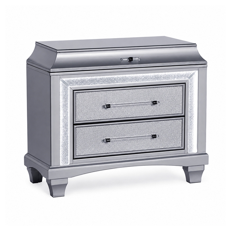 Gala Nightstand- 2 Drawers- Felt-Lined- Crystal Trim w LED- Glam Gray