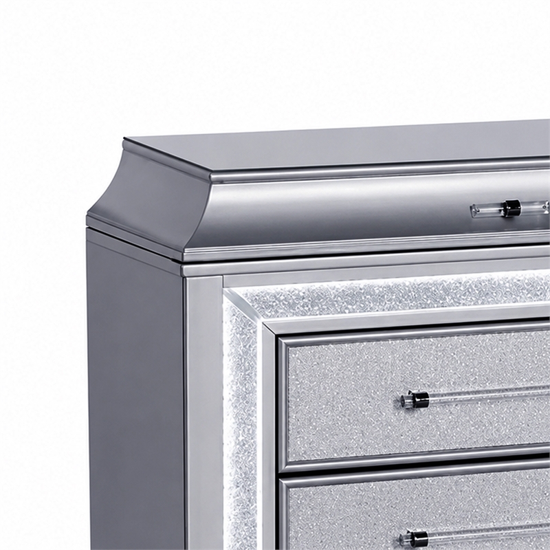 Gala Nightstand- 2 Drawers- Felt-Lined- Crystal Trim w LED- Glam Gray