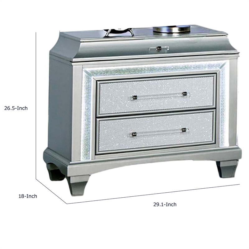 Gala Nightstand- 2 Drawers- Felt-Lined- Crystal Trim w LED- Glam Gray