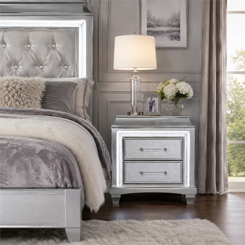 Gala Nightstand- 2 Drawers- Felt-Lined- Crystal Trim w LED- Glam Gray