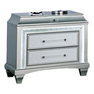 Gala Nightstand- 2 Drawers- Felt-Lined- Crystal Trim w LED- Glam Gray