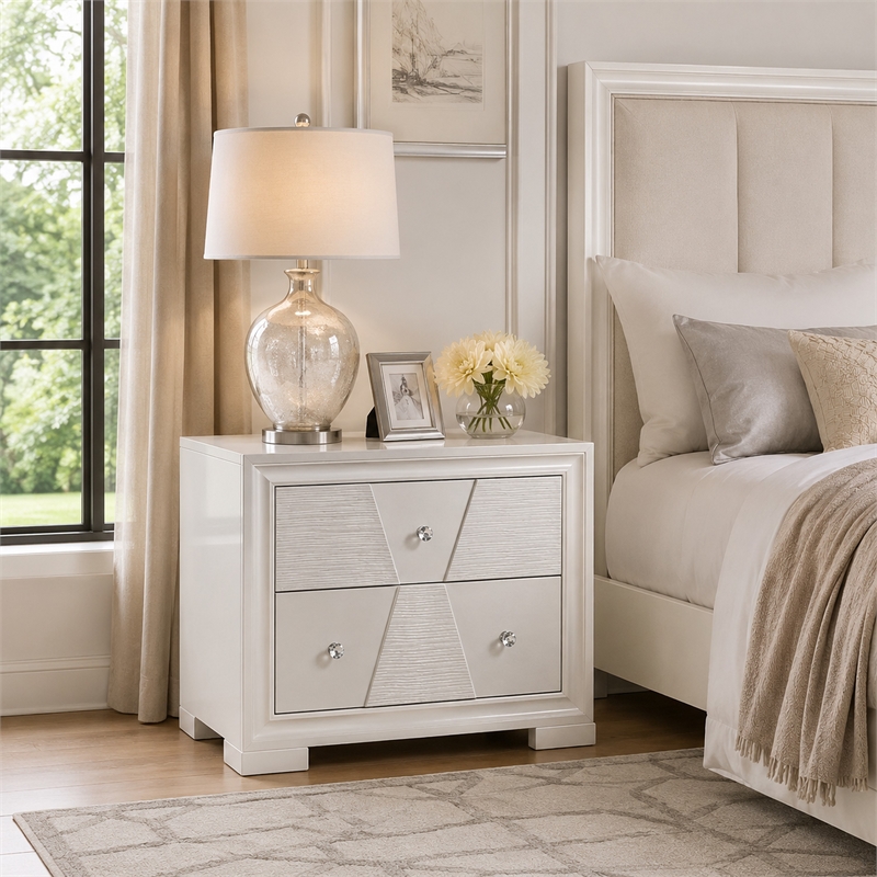 Hezi Bedside Nightstand- 2 Drawer- White Zig Zag Front- Acrylic Knobs