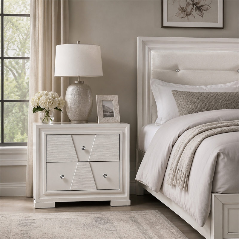 Hezi Bedside Nightstand- 2 Drawer- White Zig Zag Front- Acrylic Knobs