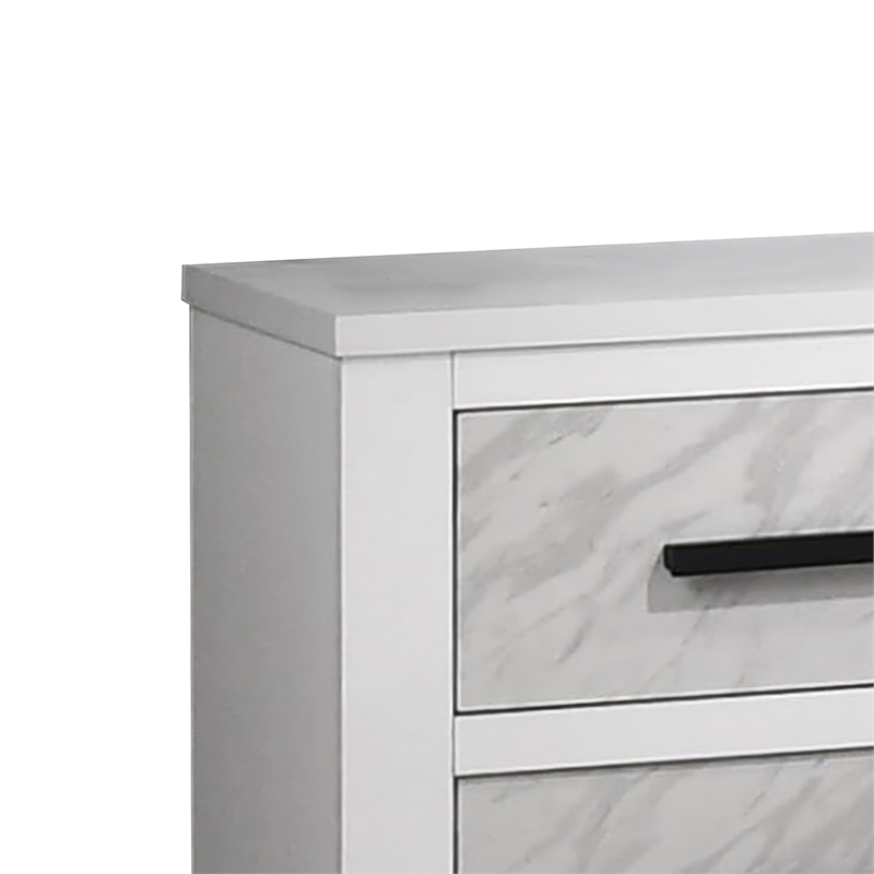 Feza Nightstand- 2 Drawers with Faux Marble Inset- Black Pulls- White