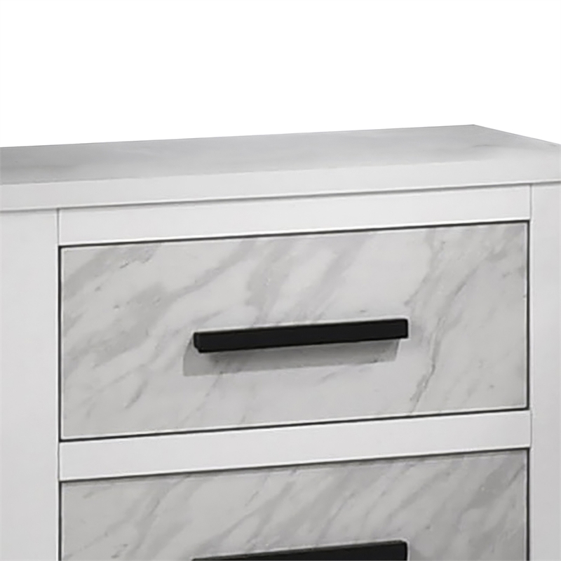 Feza Nightstand- 2 Drawers with Faux Marble Inset- Black Pulls- White