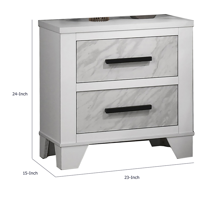 Feza Nightstand- 2 Drawers with Faux Marble Inset- Black Pulls- White