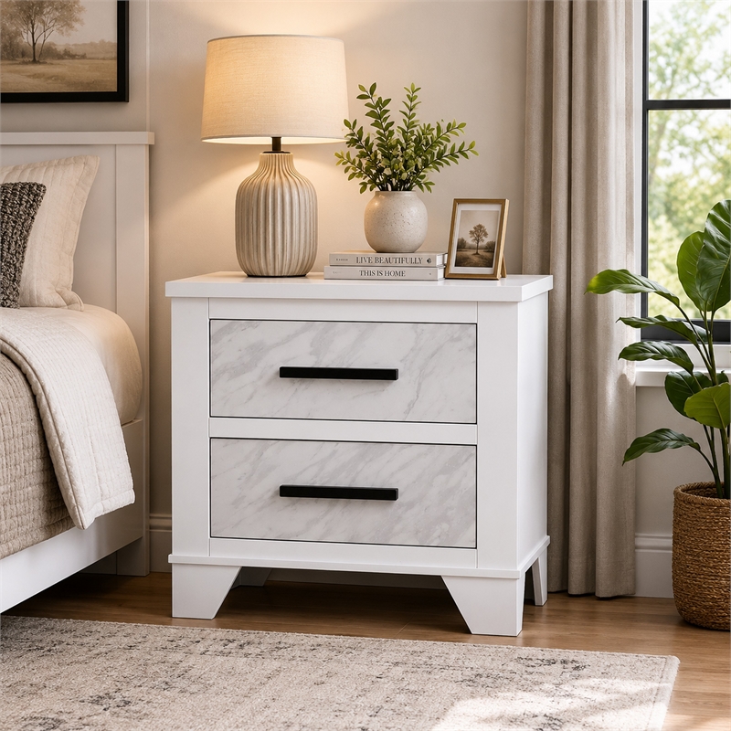 Feza Nightstand- 2 Drawers with Faux Marble Inset- Black Pulls- White