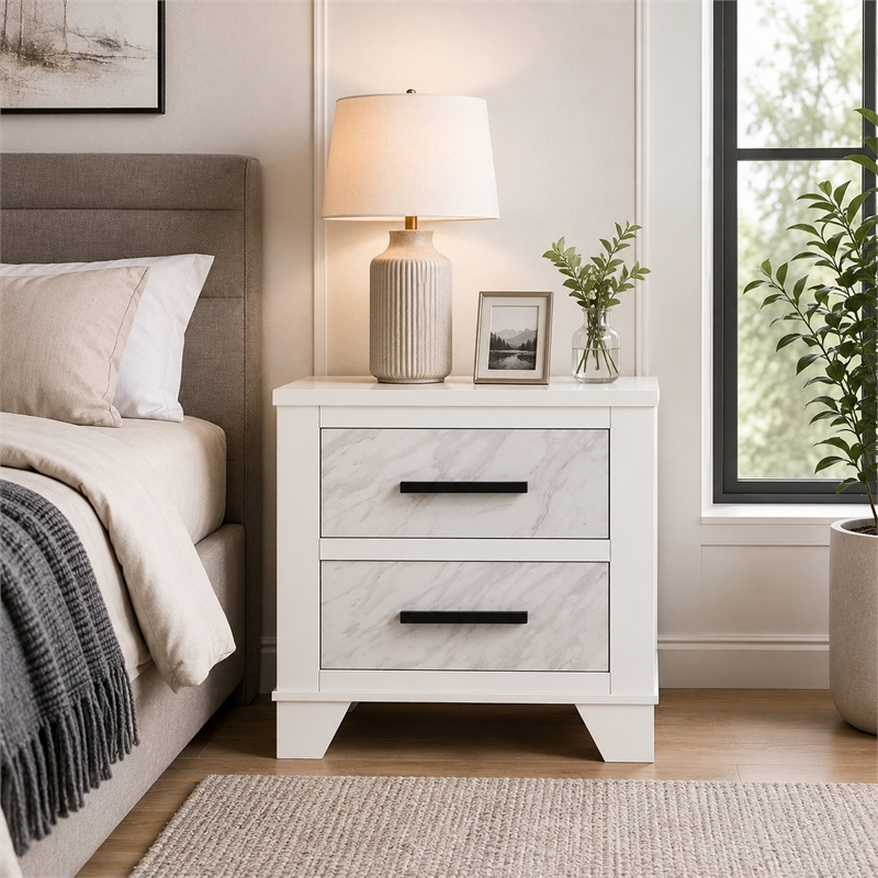 Feza Nightstand- 2 Drawers with Faux Marble Inset- Black Pulls- White