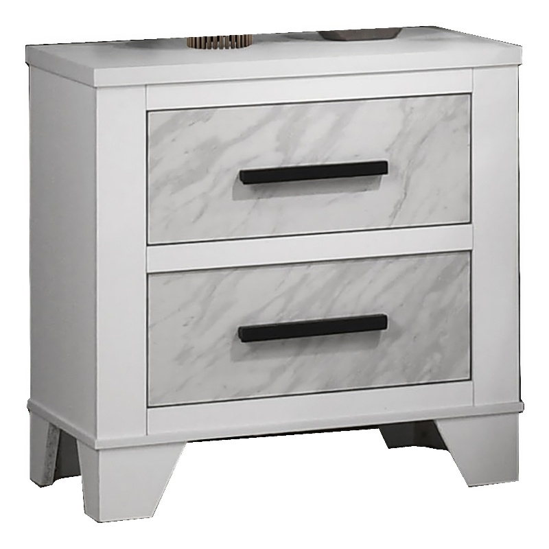 Feza Nightstand- 2 Drawers with Faux Marble Inset- Black Pulls- White