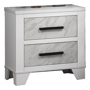 Feza Nightstand- 2 Drawers with Faux Marble Inset- Black Pulls- White