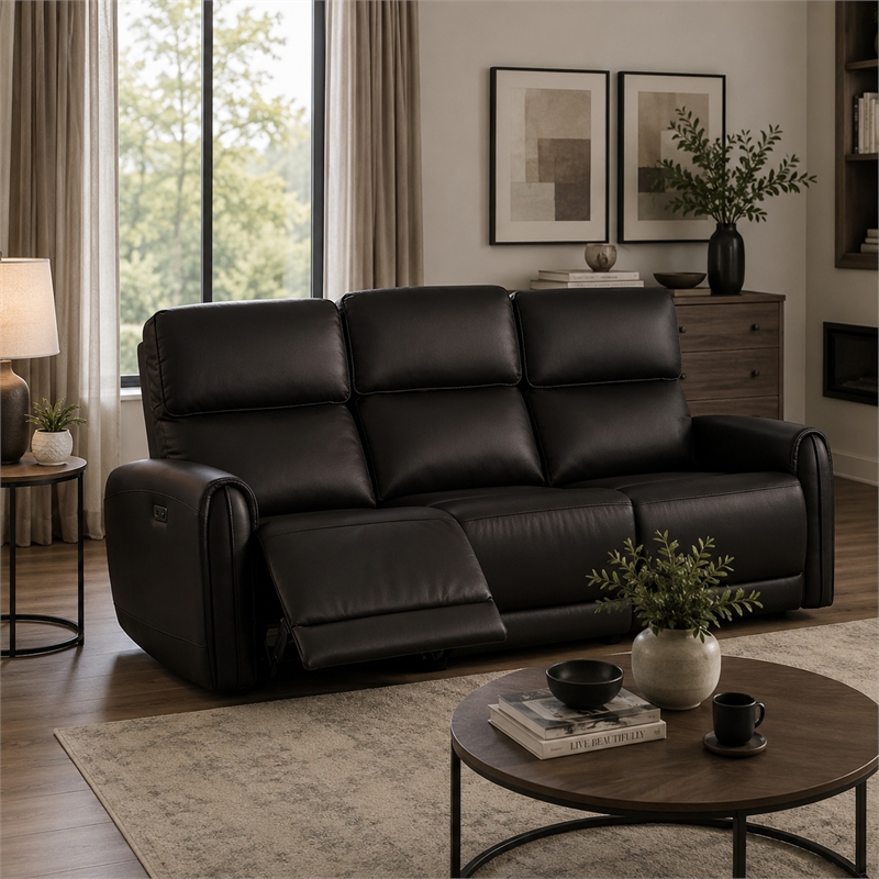 Sily Power Recliner Sofa w USB- Contour Arms- Foam Fill Black Faux Leather