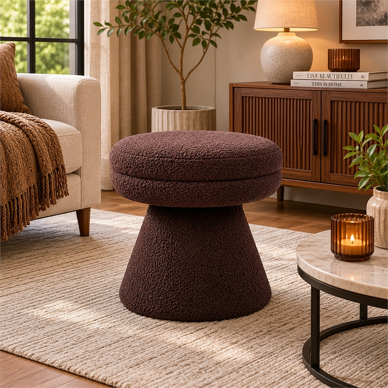 Xyna Mushroom-shaped Ottoman Stool with Pedestal Base- Brown Fabric