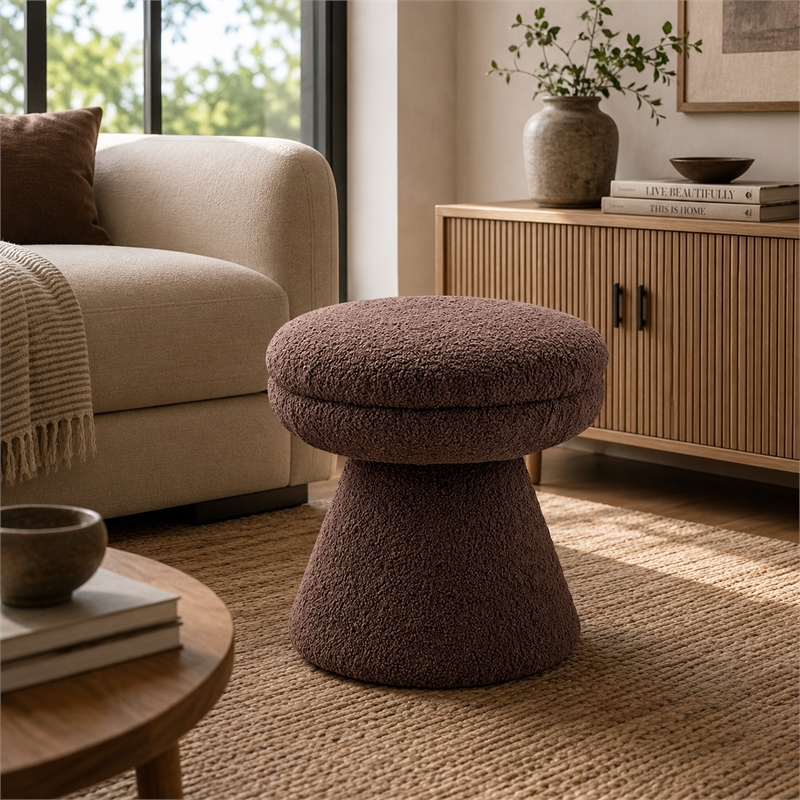 Xyna Mushroom-shaped Ottoman Stool with Pedestal Base- Brown Fabric